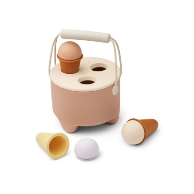 Brinquedo infantil de gelados em plástico com suporte e cones coloridos.