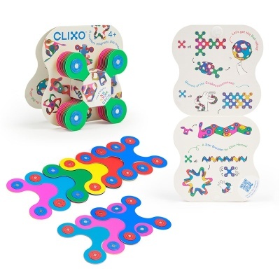 Brinquedo CLIXO de peças coloridas e instruções em branco