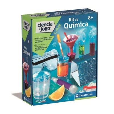 Kit de Química para crianças da marca Clementoni com ilustrações de materiais de laboratório e uma fatia de laranja.