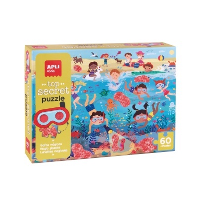 Quebra-cabeças APLI kids top secret puzzle 60 peças com óculos mágicos e imagem colorida de praia e mar.