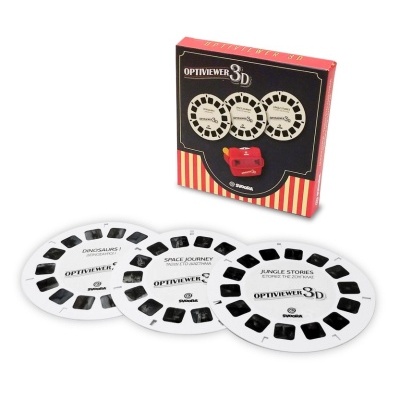 Conjunto OPTIVIEWER 3D com três discos brancos e caixa vermelha e preta