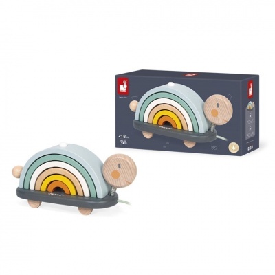 Brinquedo tartaruga de madeira com arcos coloridos e caixa