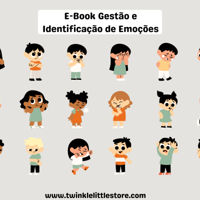 Ilustração de crianças com diferentes expressões e texto sobre e-book de gestão de emoções.