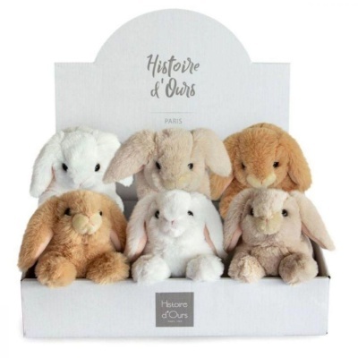 Seis coelhos de peluche em caixa branca com texto Histoire d'Ours