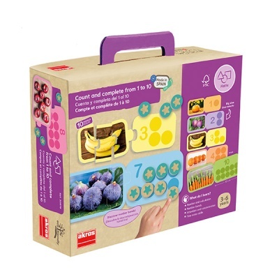 Caixa de jogo educativo com alça roxa e imagens de frutas e números