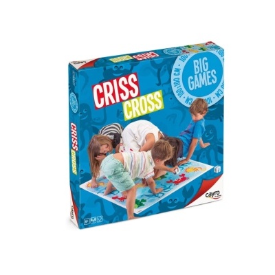 Caixa azul do jogo Criss Cross com crianças a jogar num tapete colorido