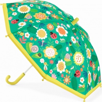 Guarda-chuva infantil verde com padrão colorido de flores e insetos cartoon, cabo amarelo