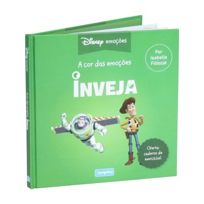 Livro infantil verde com personagens de Toy Story Buzz Lightyear e Woody na capa
