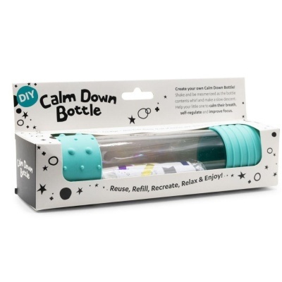 Calm Down Bottle em embalagem branca com tampas azul-turquesa texturizadas