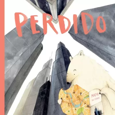 Capa de livro com urso branco segurando mapa e prédios altos ao fundo