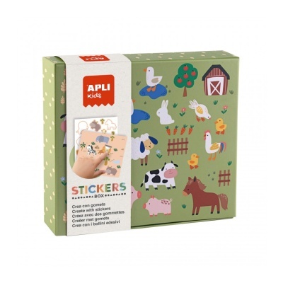 Caixa de autocolantes APLI Kids com animais da quinta em fundo verde