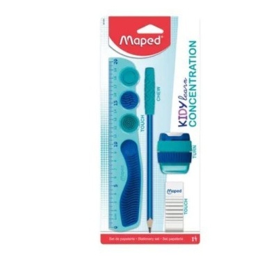 Conjunto de papelaria infantil Maped com régua e outros artigos em tons azuis e verdes