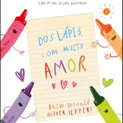 Capa de livro com lápis de cera coloridos e texto em papel pautado
