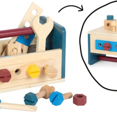 Caixa de ferramentas de madeira com ferramentas coloridas