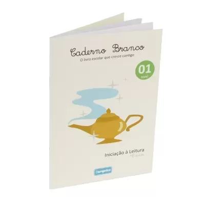 Caderno Branco com lâmpada dourada e texto de iniciação à leitura