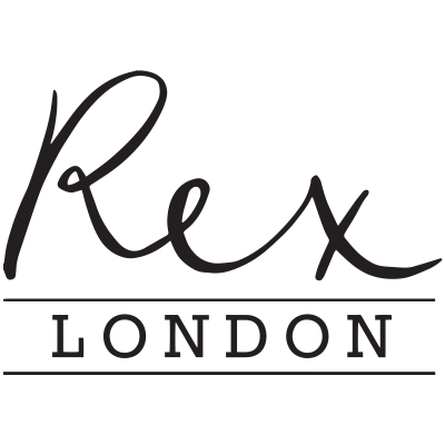 Logotipo preto com texto 'Rex' cursivo e 'LONDON' maiúsculo