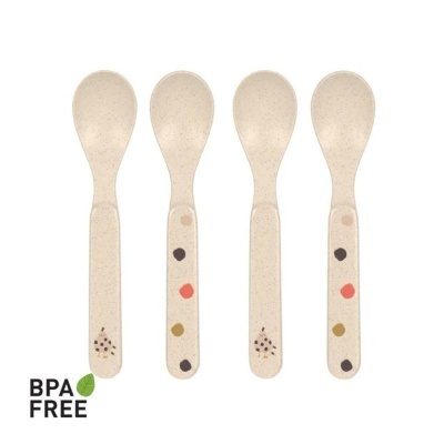 Quatro colheres de plástico bege com pontilhados coloridos