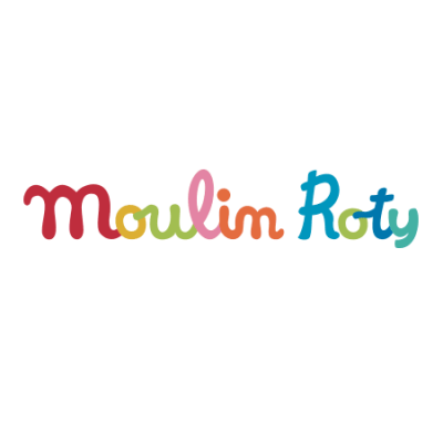 Logótipo colorido da marca Moulin Roty com letras em várias cores