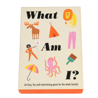 Caixa de jogo 'What Am I?' com várias ilustrações coloridas