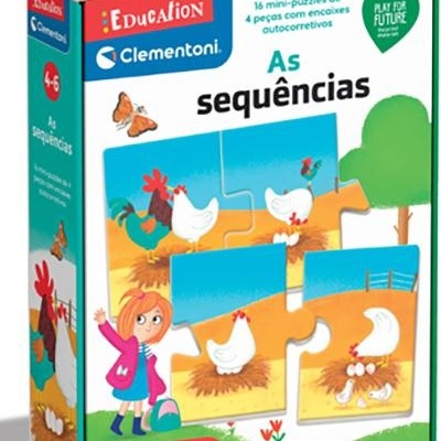 Caixa de mini-puzzles educativos As sequências com ilustrações de galinhas e criança