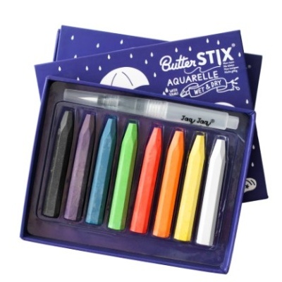 Conjunto de pastéis de cera AQUARELLE de várias cores numa caixa azul