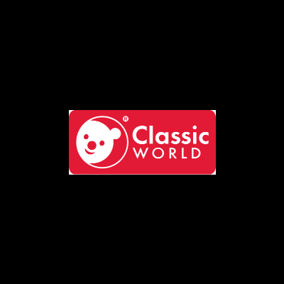 Logótipo Classic World com cabeça de urso e texto em branco em fundo vermelho