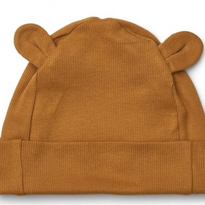 Gorro castanho de malha com aba virada e orelhas pequenas