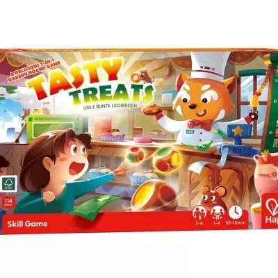 Jogo Tasty Treats com personagens animados e alimentos, embalagem colorida