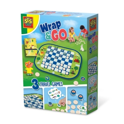 Jogo infantil Wrap & Go da SES com 3 jogos de tabuleiro de viagem, embalagem colorida com crianças e peças de jogo.