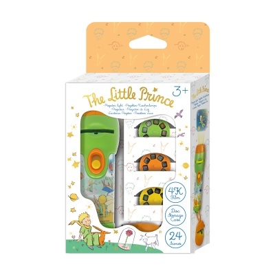 Projetor de luz infantil The Little Prince verde e laranja com três discos rotativos coloridos em embalagem decorada