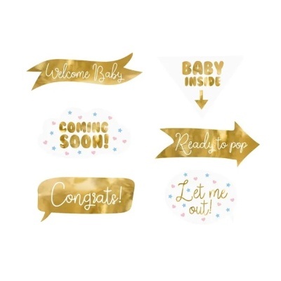 Placas decorativas para festas de bebé com frases em dourado e cores pastel.