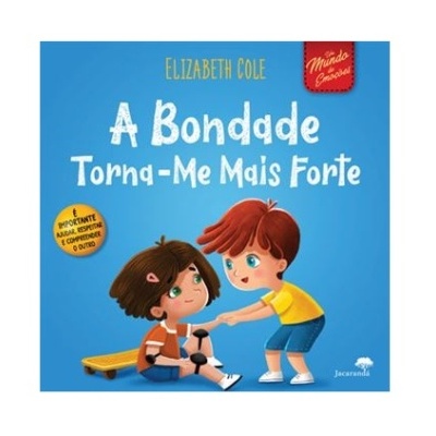 Capa de livro infantil com ilustração de duas crianças e texto em fundo azul