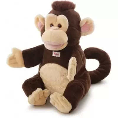 Pelúcia de macaco castanho com etiqueta no peito