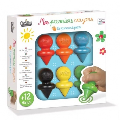 Conjunto de lápis de cera ergonómicos coloridos para crianças em caixa branca.