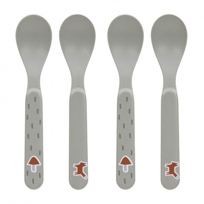 Conjunto de quatro colheres de plástico cinza com desenhos de cogumelos e animais nos cabos