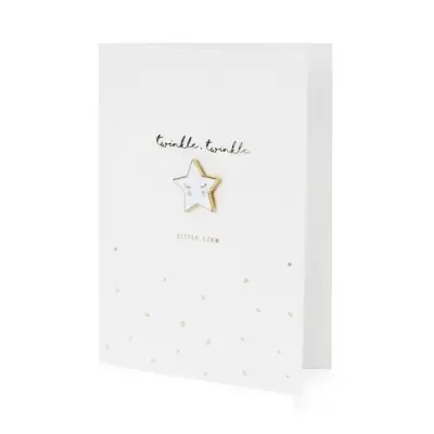 Cartão branco com estrela dourada e branca e texto 'twinkle twinkle' e 'LITTLE STAR'