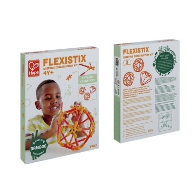 Pack de construção FLEXISTIX da Hape para crianças a partir dos 4 anos em caixa branca com peças de construção laranjas e amarelas.