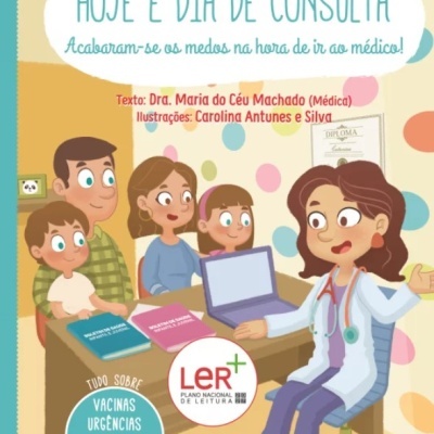 Capa de livro infantil sobre consulta médica com família e médica ilustrados