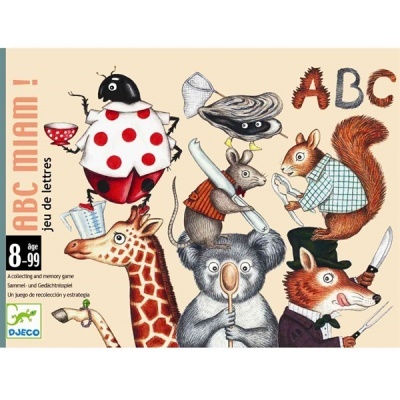 Embalagem do jogo de letras ABC MIAM! com desenhos de animais ilustrados segurando objetos e roupas coloridas