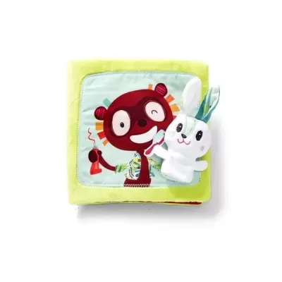 Livro infantil macio em tecido com brinquedo de peluche branco.