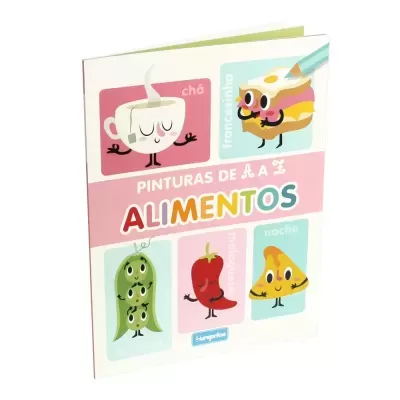 Livro infantil colorido com ilustrações animadas de alimentos e texto 'PINTURAS DE A A Z ALIMENTOS'.
