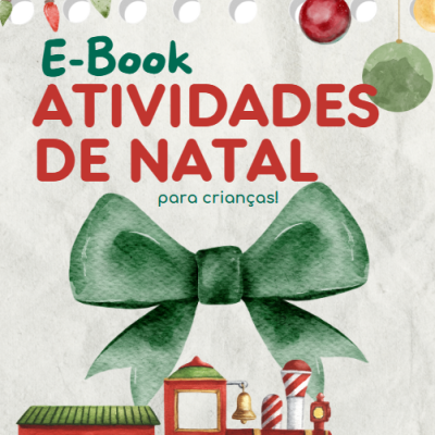 Capa de e-book atividades de Natal com laço verde e comboio de Natal