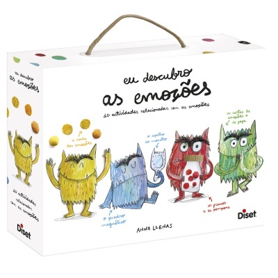 Caixa branca com alça e ilustrações de monstros coloridos do jogo Eu descubro as emoções