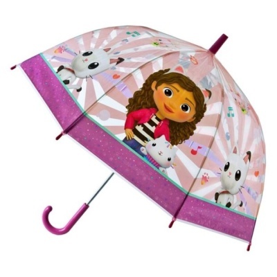 Guarda-chuva infantil rosa com personagem animada e animais brancos