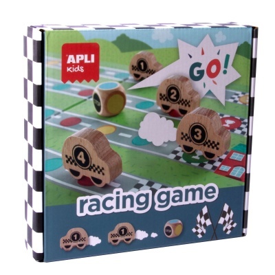 Caixa do jogo infantil racing game da APLI Kids com carros de madeira e tabuleiro colorido