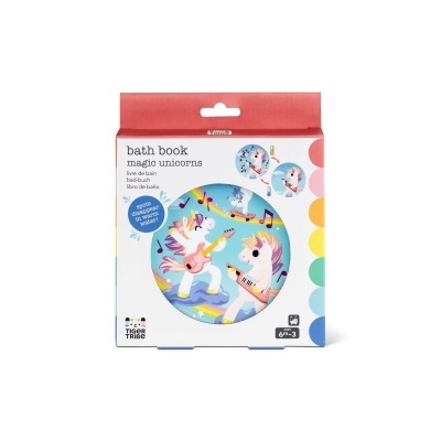 Livro de banho com tema de unicórnios mágicos para crianças, embalagem colorida