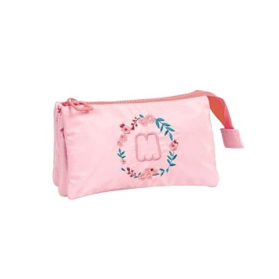 Estojo cor-de-rosa com fecho e bordado floral com letra M