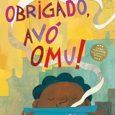 Capa do livro Obrigado, Avó Omu! com ilustração colorida de personagem segurando livro.