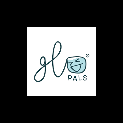 Logótipo com letras cursivas e copo sorridente azul claro com texto PALS