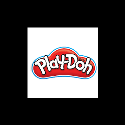 Logotipo Play-Doh em forma oval vermelha com borda azul.